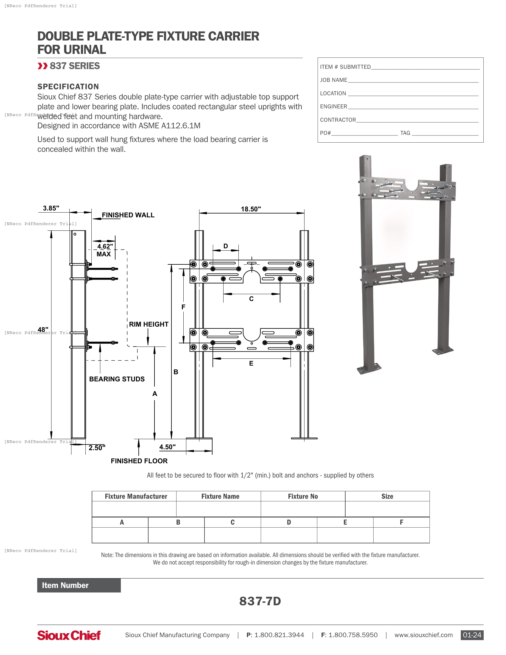 837 SERIES - DOUBLE PLATE-TYPE URINAL CARRIER - SPEC SHEET.PDF Specification Document